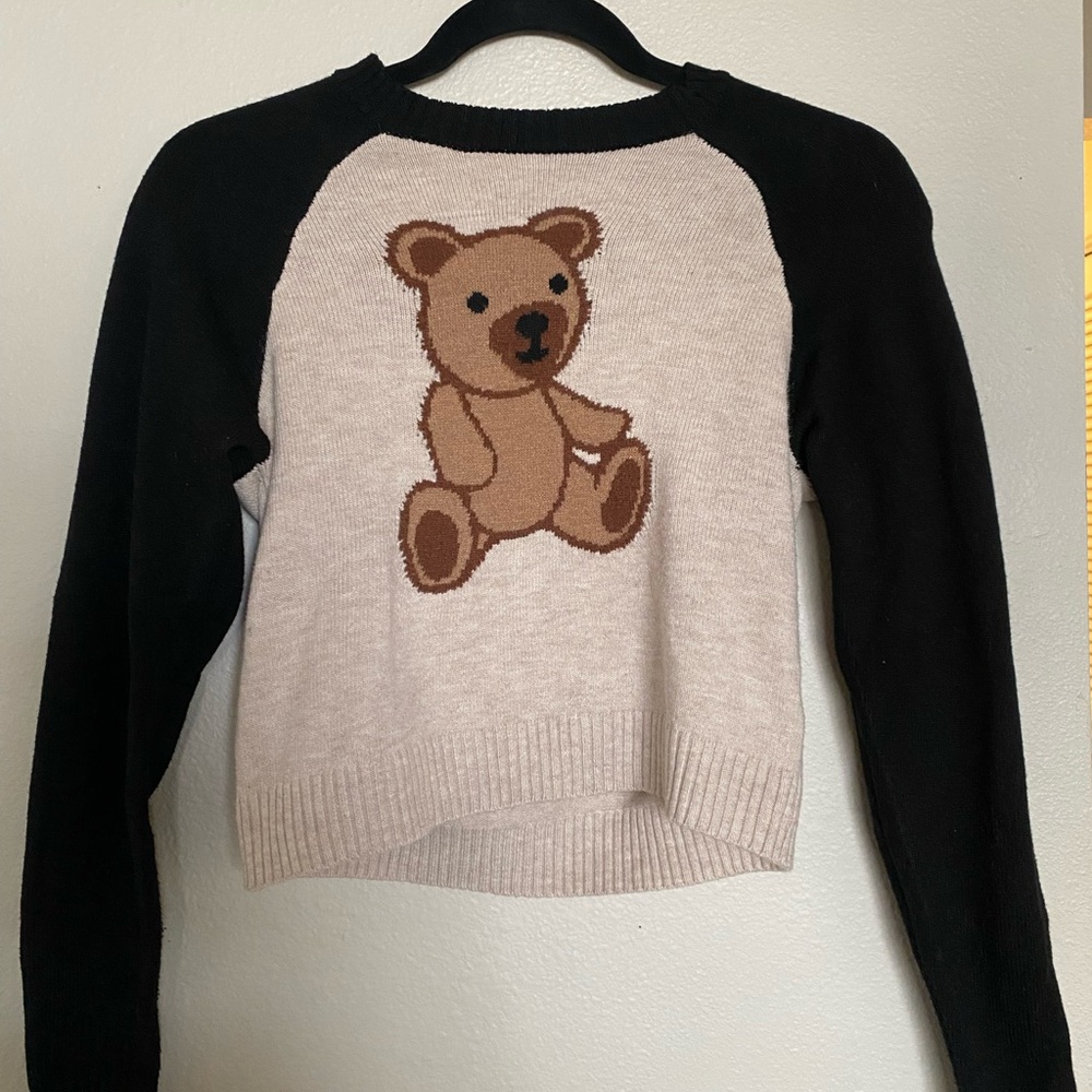 Fashion Nova Black and Cream Bear Sweater